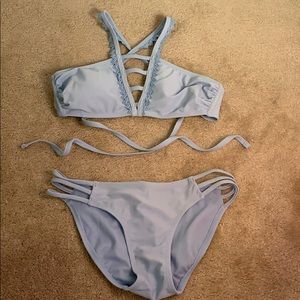 Super cute light blue lace accented bikini.